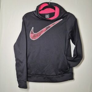Nike Therma Girls Black Pink Swoosh Hoodie Sweatshirt Jacket Dri-Fit Large